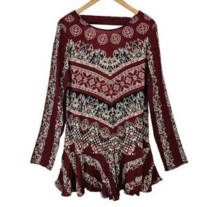 Free People Smooth Talker Boho Batik Print Tunic Top Size‎ L Ruffled